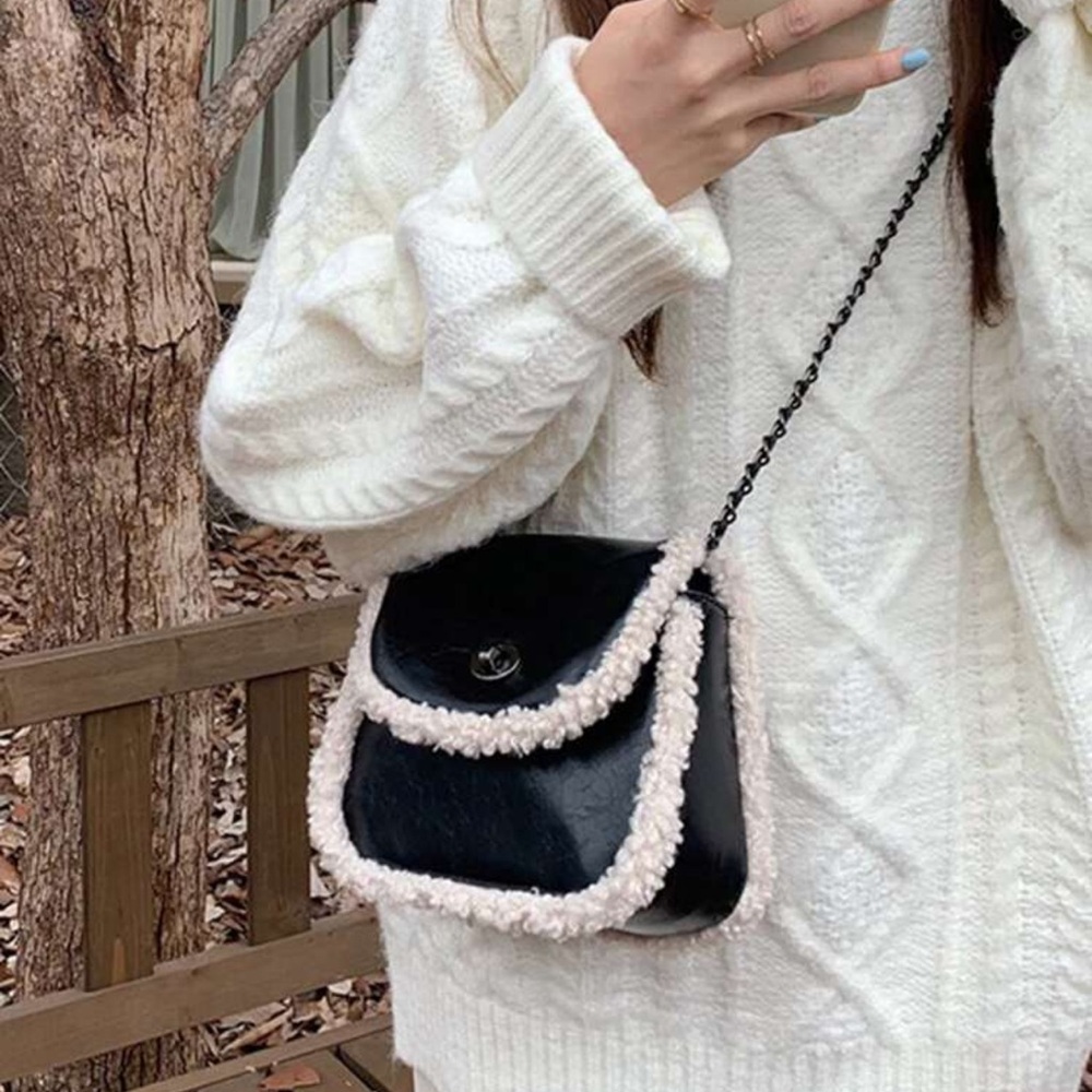 Mini Fuzzy Trim Chain Flap Square Bag